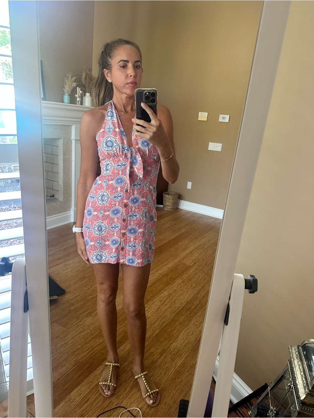 Maeve Pink-Coral and Blue Halter Mini Dress - Picture 4 of 5